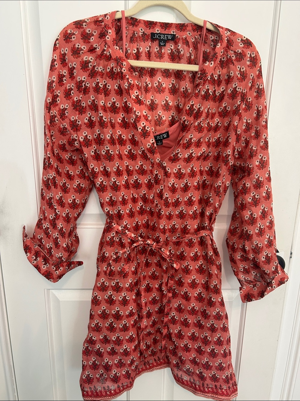 J. Crew Red Floral block print Tie-Waist Dress small
